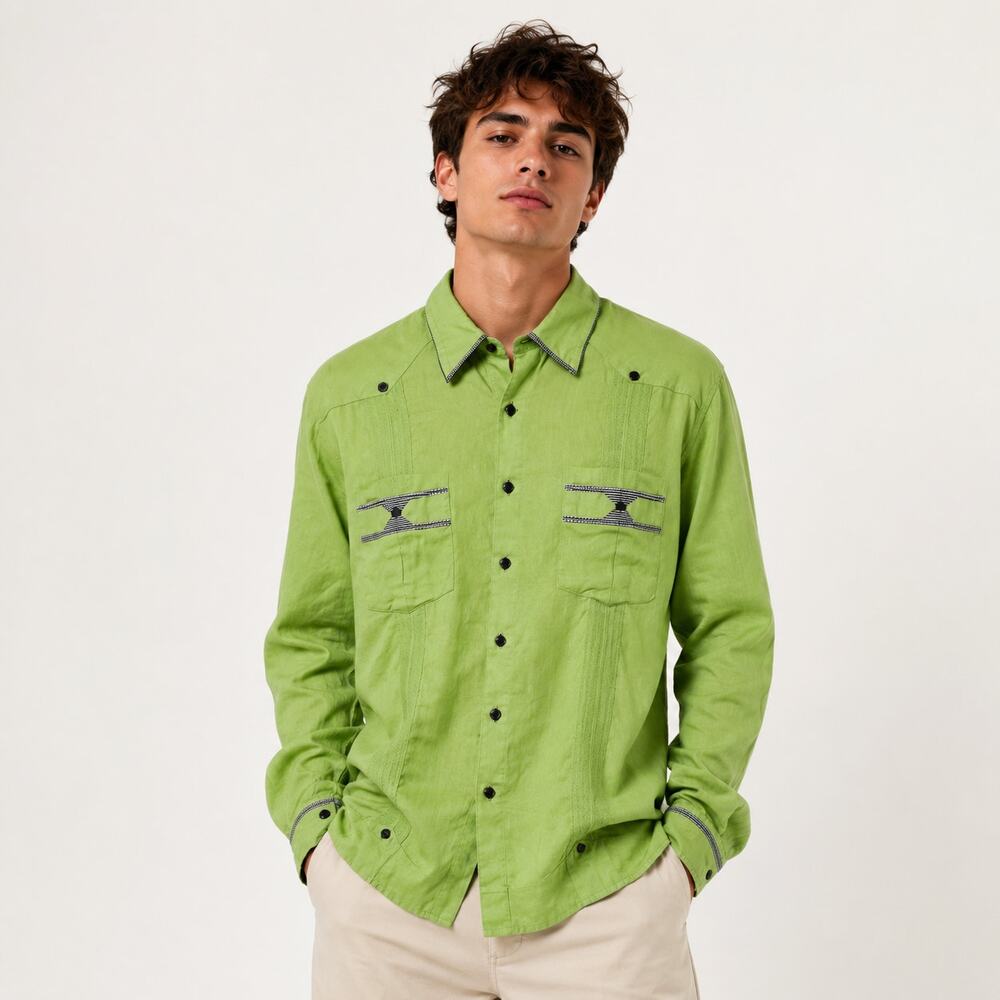 Marsotto Button-Up Shirt Men's Size L Long Sleeve Green Pleated Black Plaid Trim